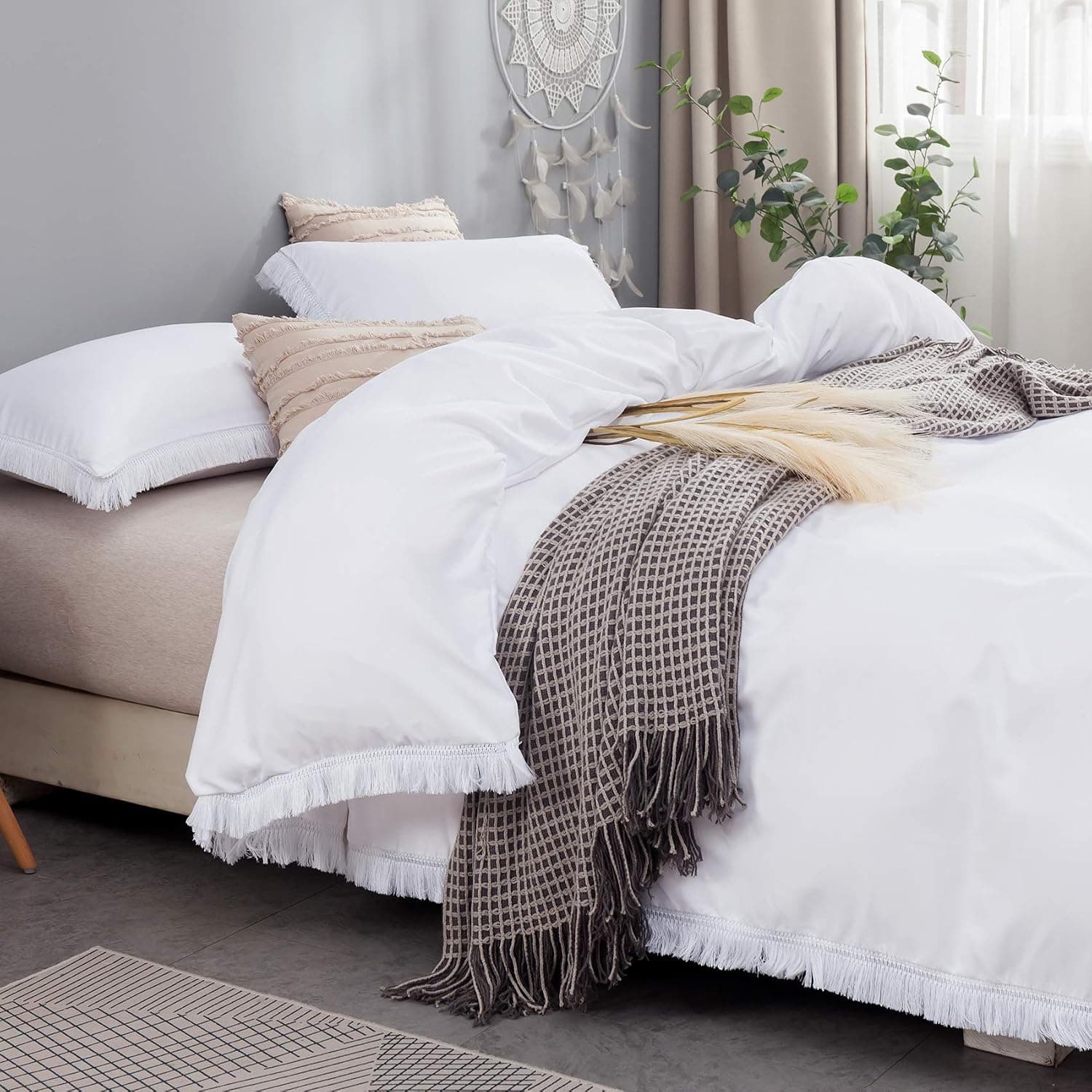Nankusa Duvet Cover Full/Queen Size, 100% Washed Microfiber 3 Pieces Tassel Bedding Set, Ultra Soft and Durable with Zipper Closure & Corner Ties (White, Full/Queen)