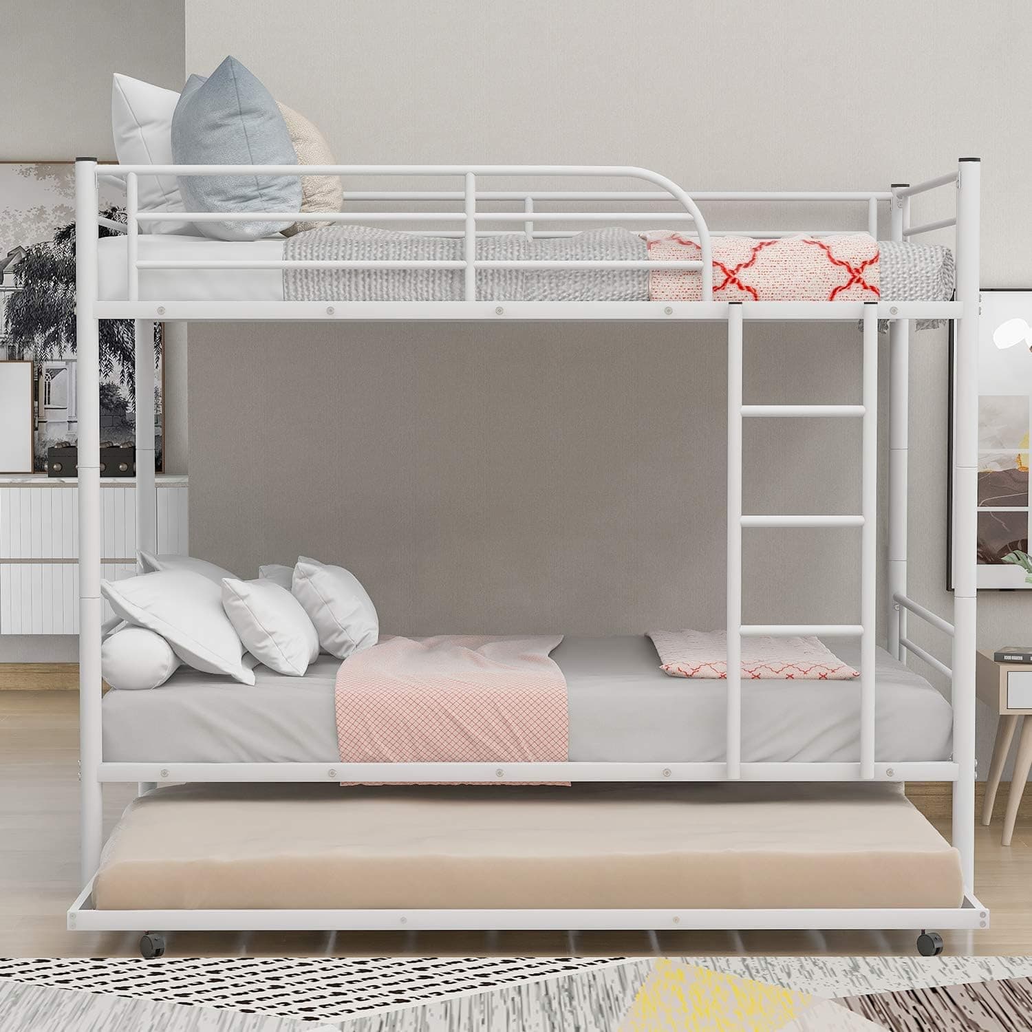 Metal Bunk Bed, Twin Over Twin Heavy Duty Bed Frame with Safety Guard Rail & Removable Ladder for Adults