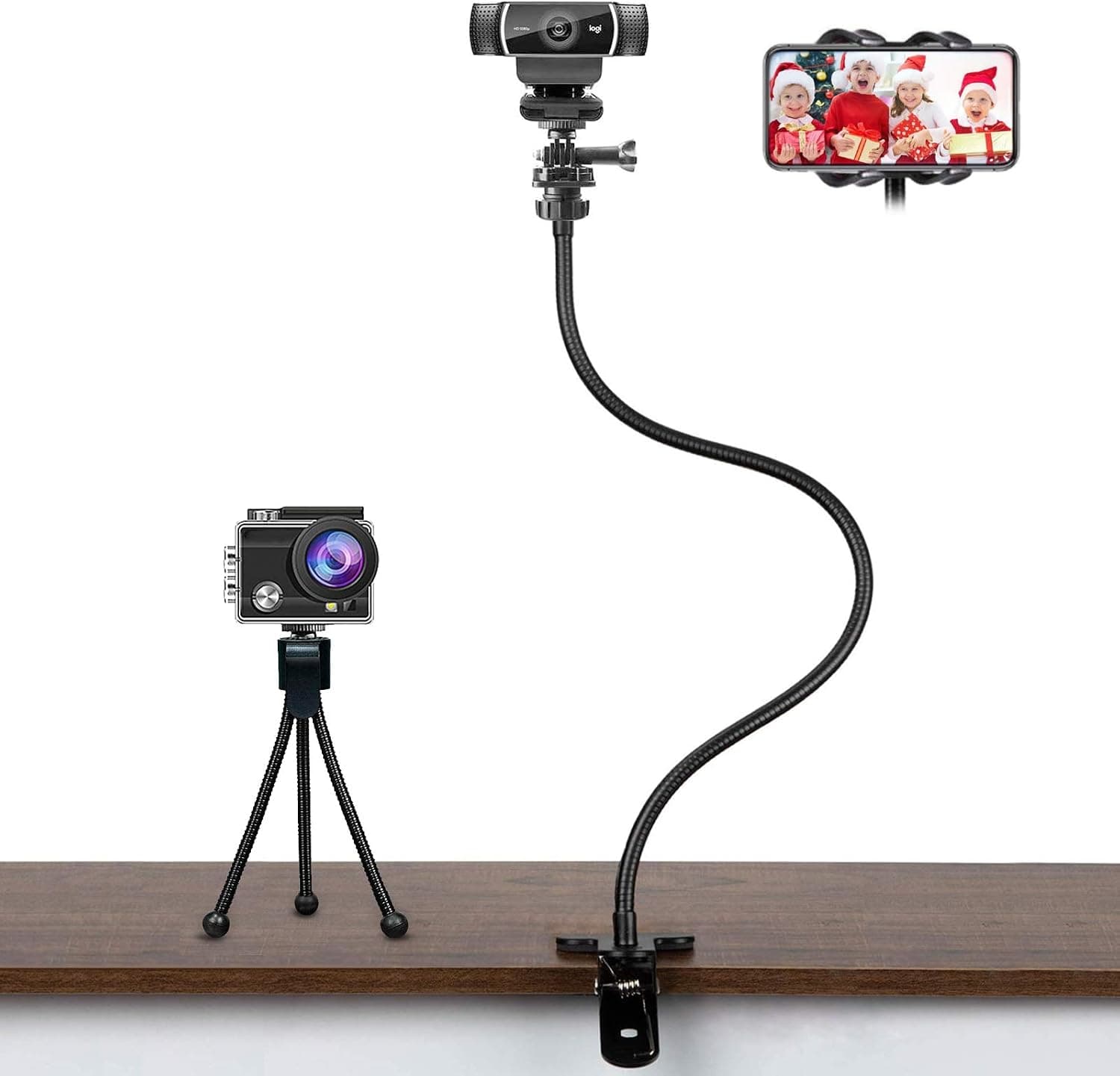 Webcam Stand and Phone Holder - Webcam Tripod Stand - 21 Inch Flexible Arm 360 Desk or Bed Gooseneck Mount Clamp Bracket - Standard ¼-inch Adapter (Holder Only)