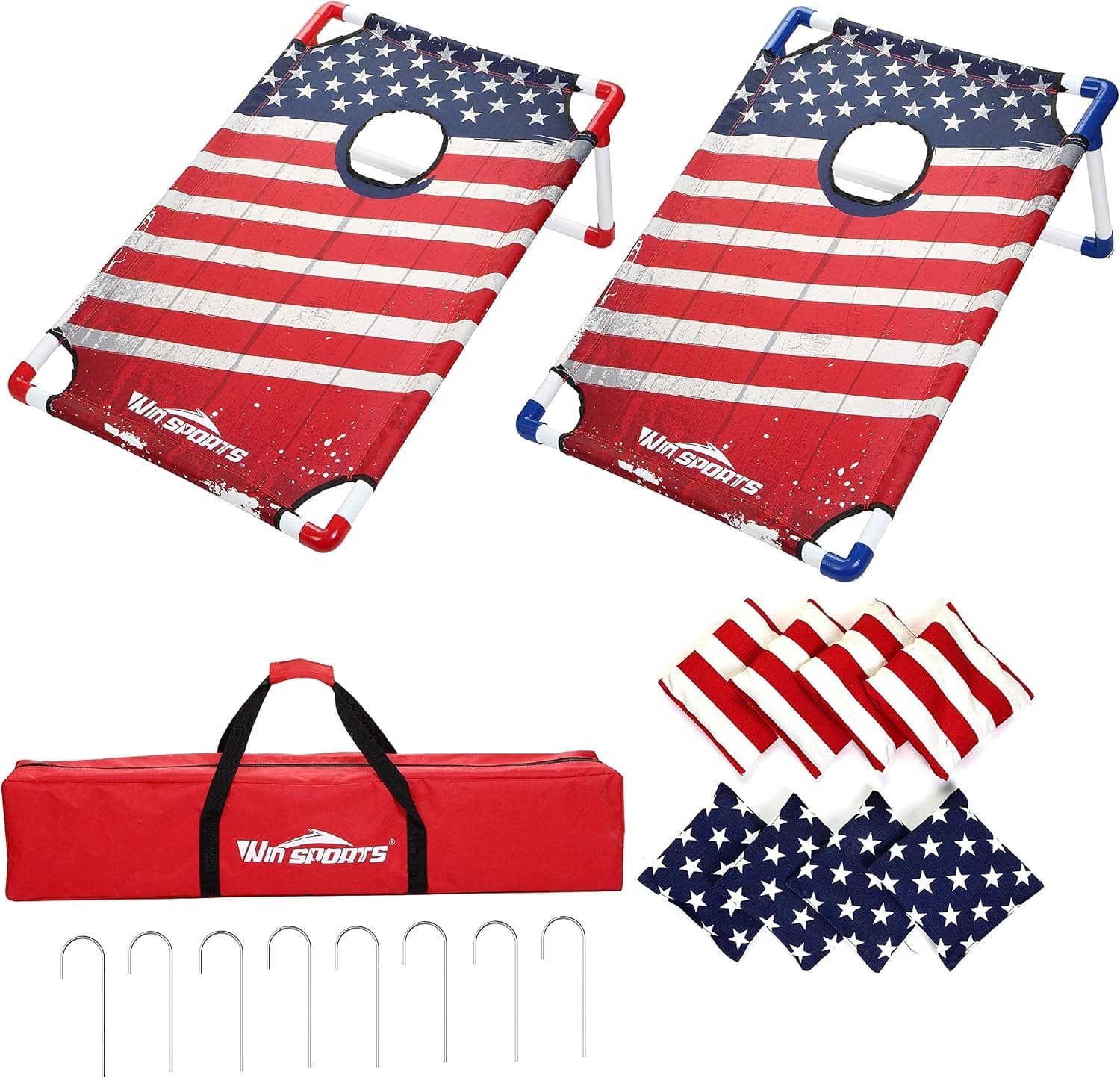 WIn SPORTS Bean Bag Toss Cornhole Games Portable Assemble PVC Framed Cornhole Toss Game Set with 8 Bean Bags and Carrying Case(3 x 2-feet),Choose Flag Design, Red & Blue