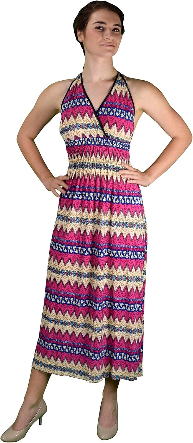 Peach Couture Bohemian Chevron Pattern V Neck Smocked Waist Halter Maxi Dress