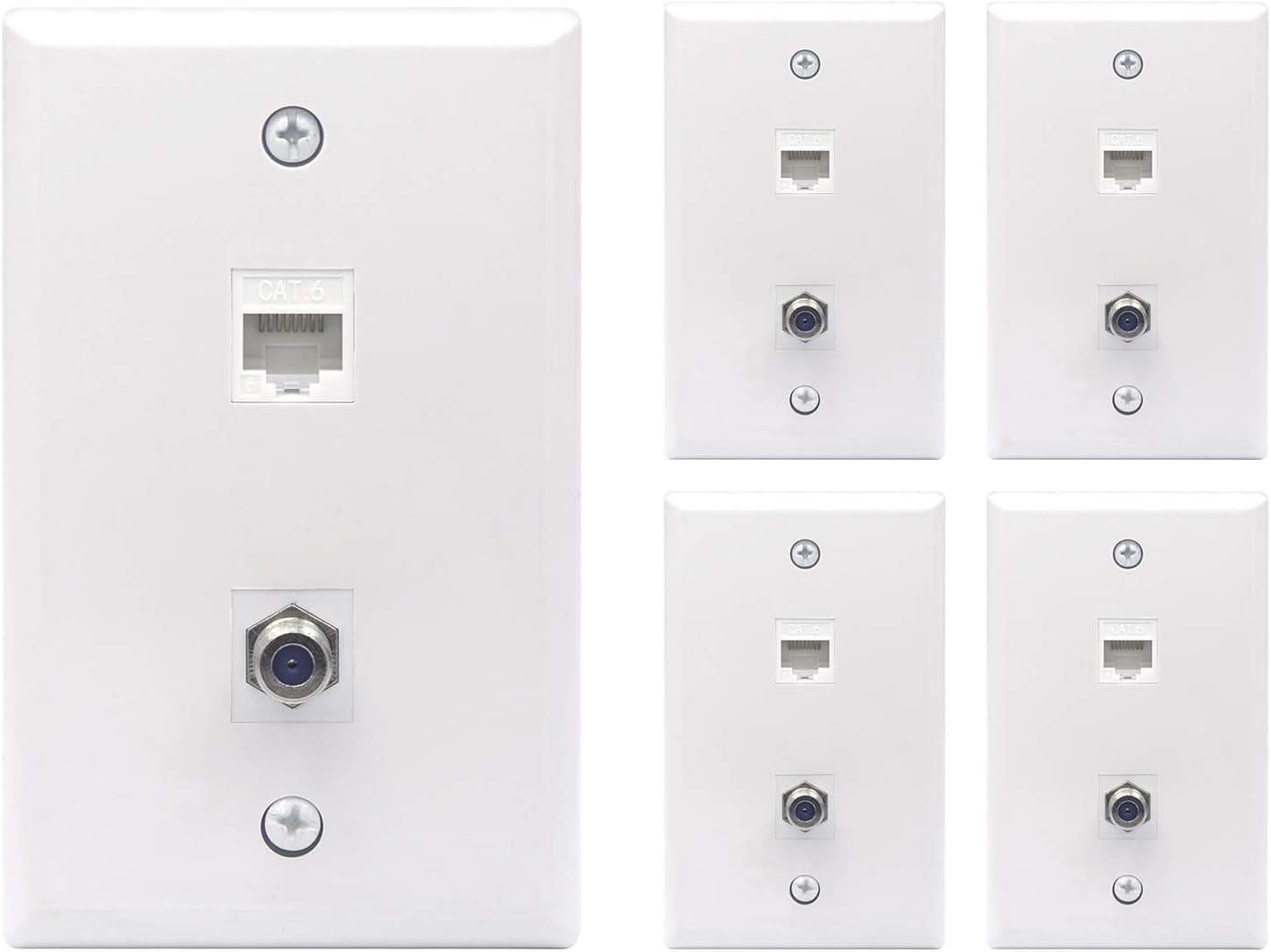 VCE 5-Pack 2 Port Cat6 Keystone Jack and RG6 Keystone Jack Insert Wall Plate UL Listed