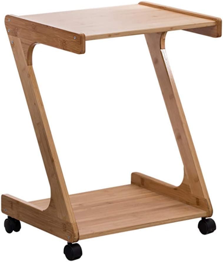 Sofa Table TV Tray, FOME Z Shape Bamboo Snack Table Side Table Snack Tray Double Layer Design Nightstand Couch Side Table with Detachable Universal Wheels for Eating Writing Reading Living Room