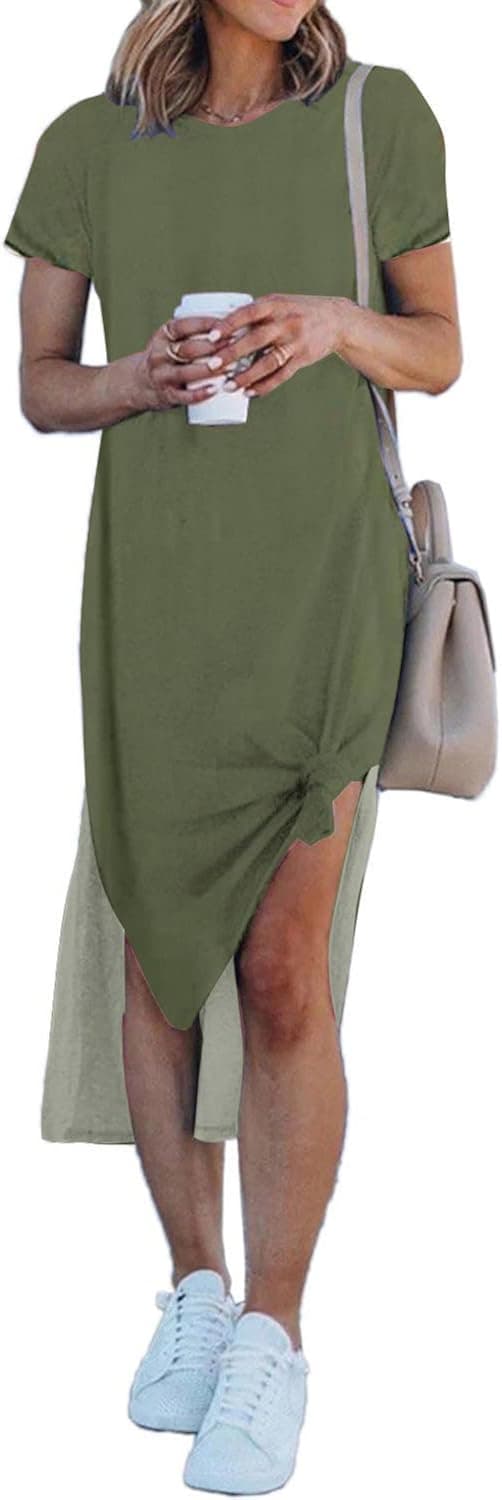 Alaster Women’s Casual T-Shirt Midi Dress Short Sleeve Summer High Splits Dress with Pocket High Low Solid Midi Dress