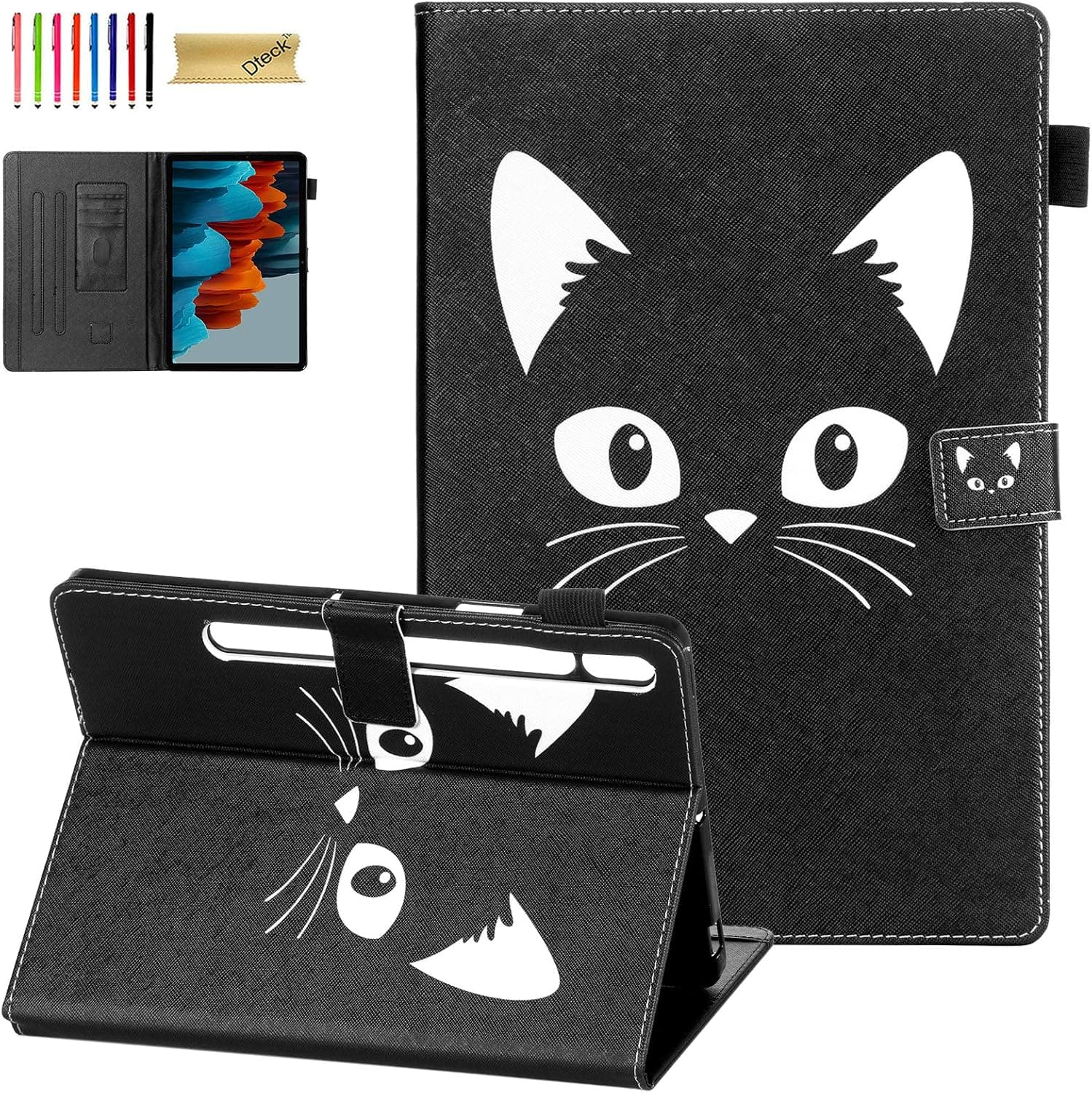 Galaxy Tab S7 Plus 12.4 Case 2020,Dteck PU Leather Smart Cover Multiple Angles Stand Wallet Auto Sleep/Wake Case for Samsung Galaxy Tab S7+ 2020 Release 12.4 Inch SM-T970/T975/T976/T978,Black Cat
