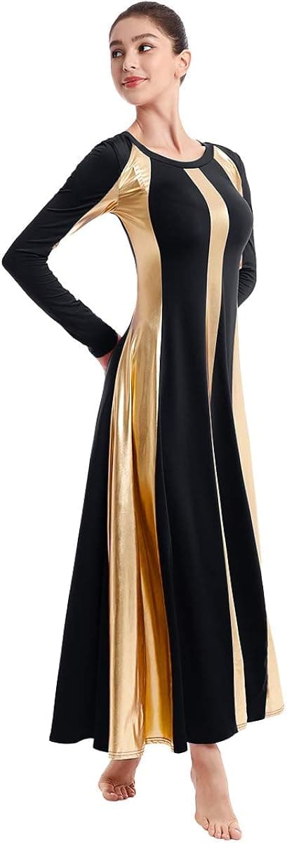 IBAKOM Womens Adult Metallic Gold Color Block Long Sleeve Praise Dance Dress Loose Fit Full Length Liturgical Lyrical Worship