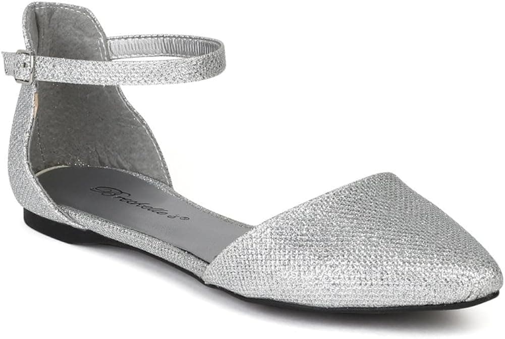Dolley-81 Women Glitter Leatherette Pointy Toe D'Orsay Ankle Strap Ballet Flat AG92 - Silver (Size: 9.0)