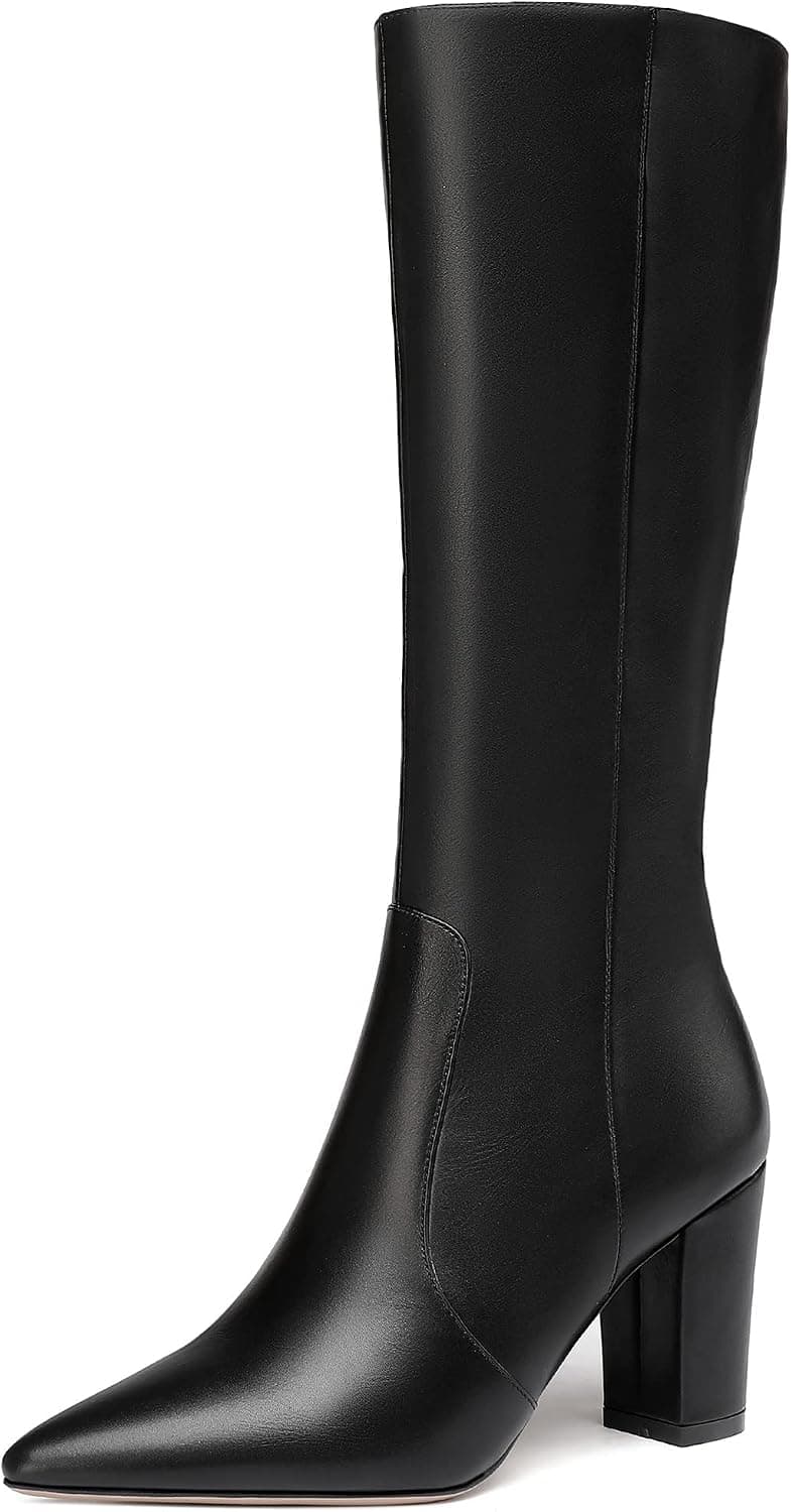 WAYDERNS Women's Pointed Toe Side Zipper Matte Thick Block High Heel Knee Boots 3 Inch