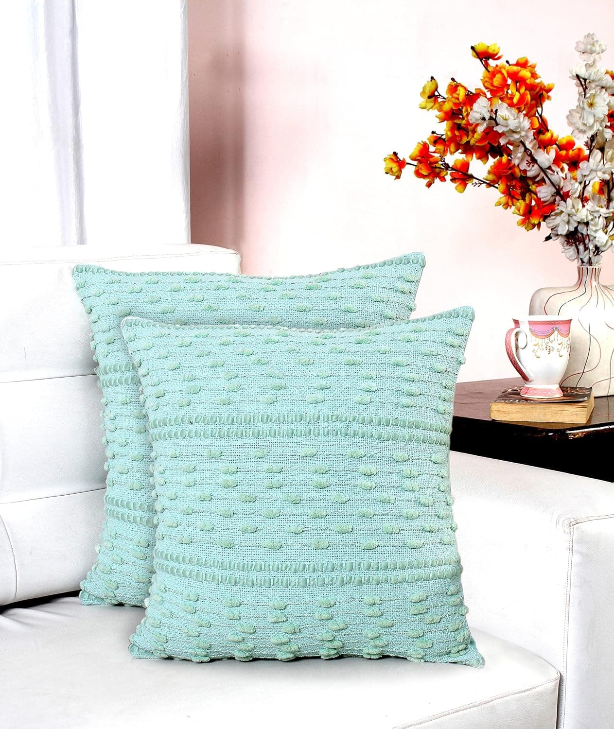 ACCENTHOME Boho Throw Pillow Cover 20x20 Inch (2 Pc) Cotton Hand Woven Decorative Design Pillows for Farmhouse Couch Sofa Bedroom | Sage Tufted Pillow Covers | Home Decor Textured Hug Pillowcases