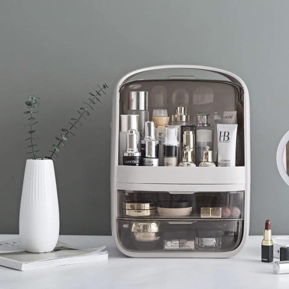 No band Makeup Organizer Cosmetic Storage Organizer for bathroom Vanity Countertop,Cosmetic Display Box Case with Drawers and Cover Waterproof Dust-proof (white1)