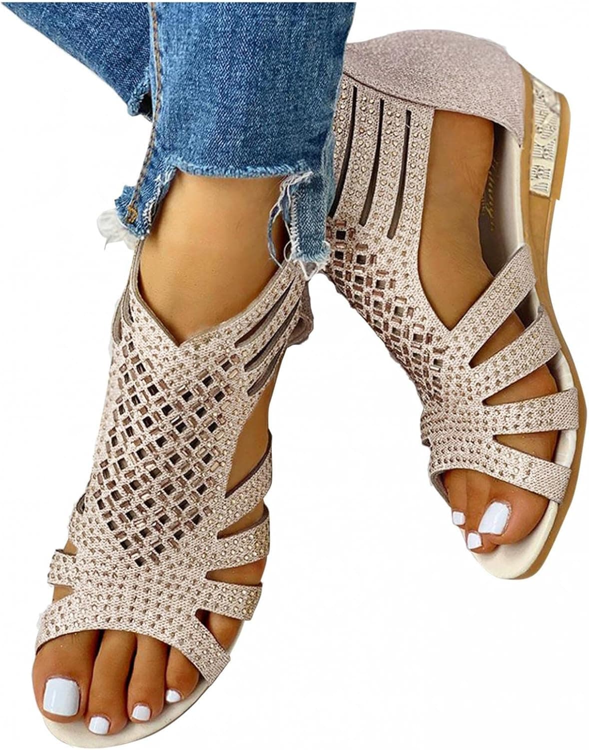 Jaqqra Sandals for Women, Womens Dressy Crystal Flat Low Heel Strappy Hollow Flip Flop Open Toe Casual Flat Sandals