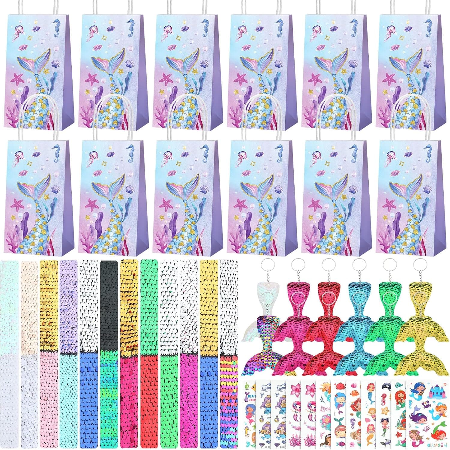 HyDren 48 Pcs Mermaid Party Favors Set, Pinata Including 12 Gift Bags Sequin Slap Bracelet Tail Keychain Tattoos for Girls Birthday Theme Decoration