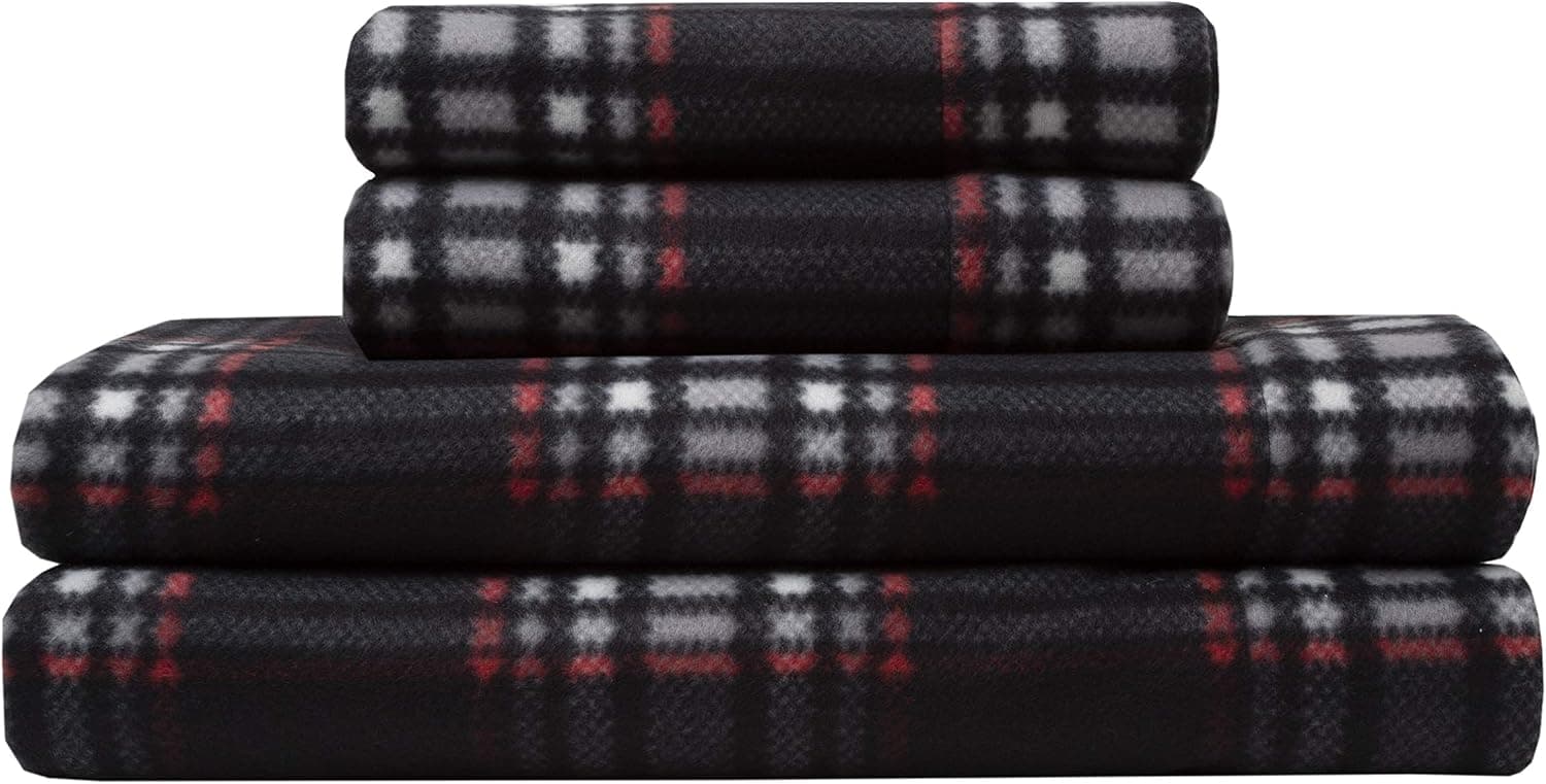 Elite Home Ultra-Soft Winter Nights Collection Microfleece Sheet Set, Midwood Plaid Black, Queen