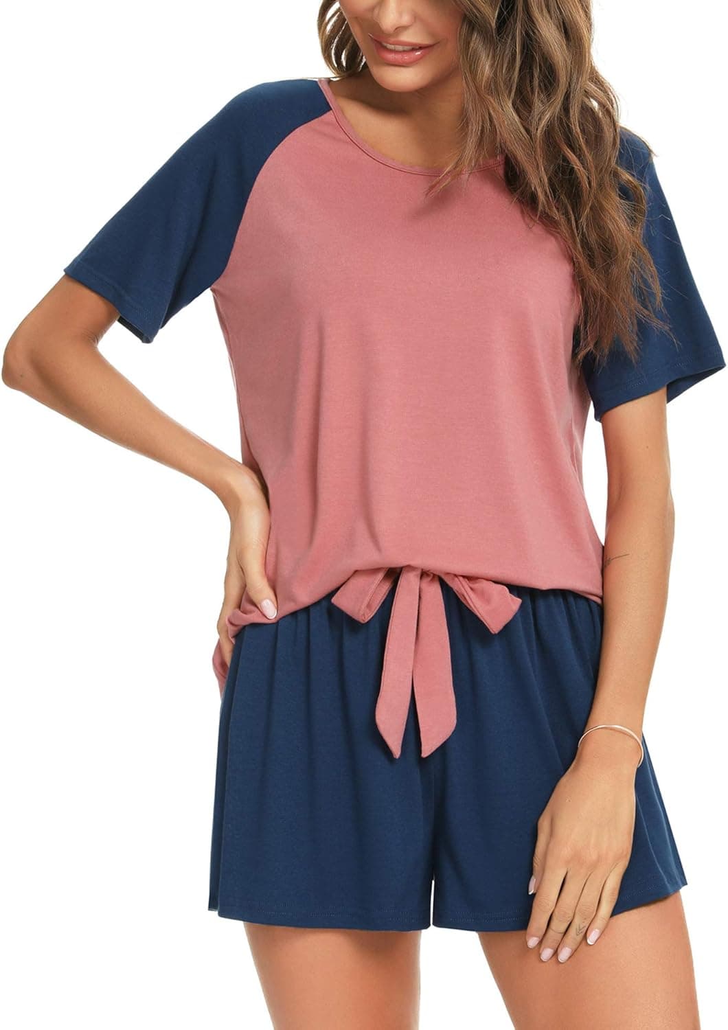 LYHNMW Women Pajamas Set Raglan Short Sleeve T Shirt and Shorts Sleepwear PJs Set Loungewear S-XXL