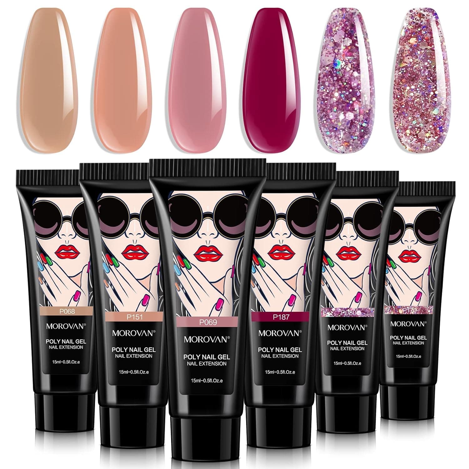 Morovan Poly Gel Nail Kit- 6 Colors Nail Extension Gel Kits Contain Pure and Glitter Poly Gel Builder Nail Gel Long-lasting Poly Nail Gel Kits Starter Kit for Beginners Professional Poly Nail Kits Nude Color Poly Gel Nail Color Packs DIY at Home