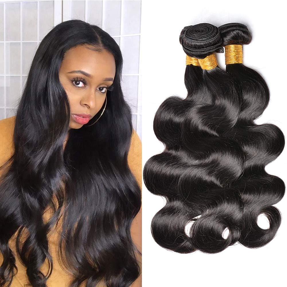 DFX Hair Body Wave Human Hair Bundles 9A Grade Virgin Brazilian Hair Weave Bundles Natural Black Wavy Hair Extensions (14 14 14)