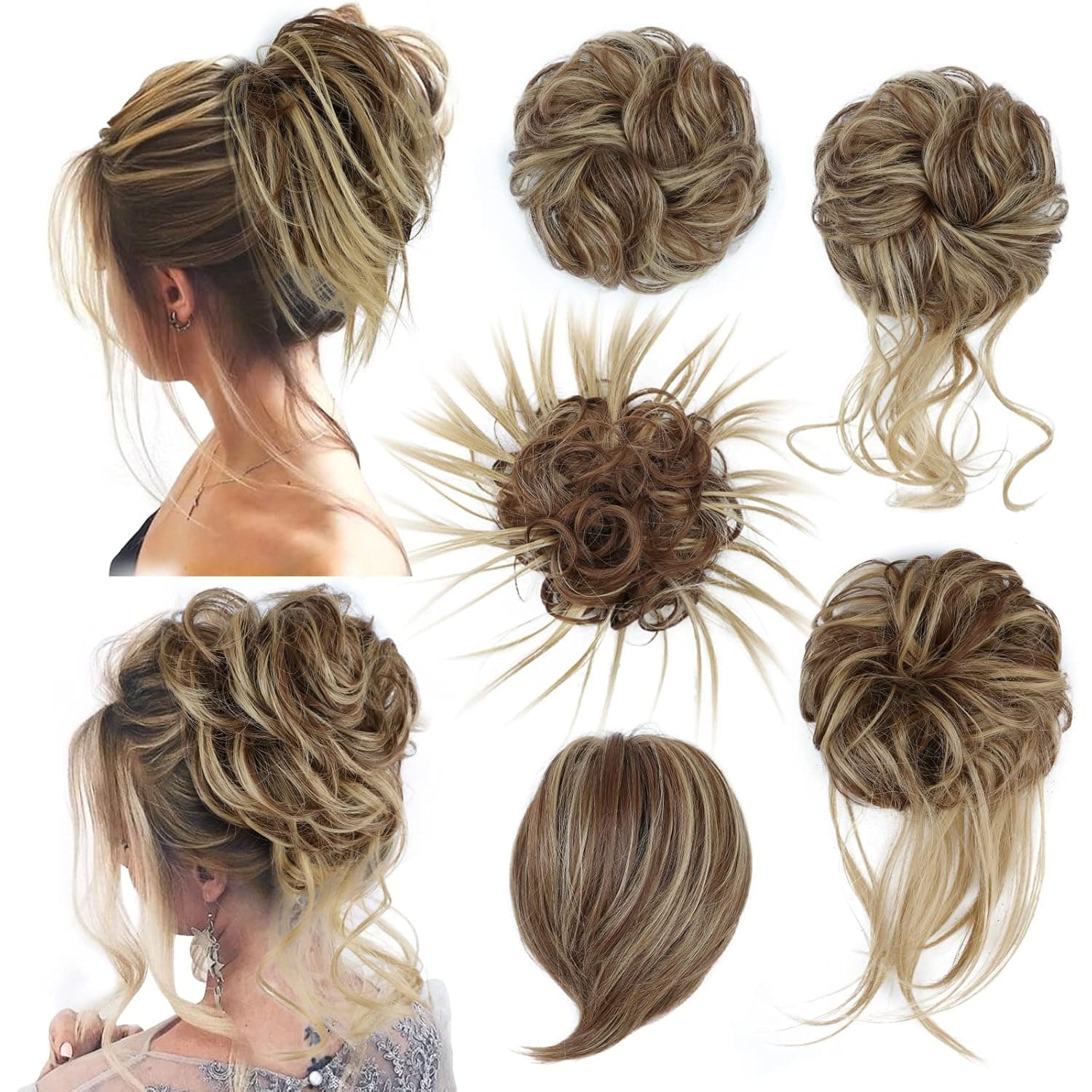 FnyPretty 5 PCS Messy Bun Hair PieceTousled Updo Messy Curly Hair Bun Hair Pieces For Women Hair Extensions Elastic Easy Scrunchies Hair piece(A 12H24# Light Brown & Blonde