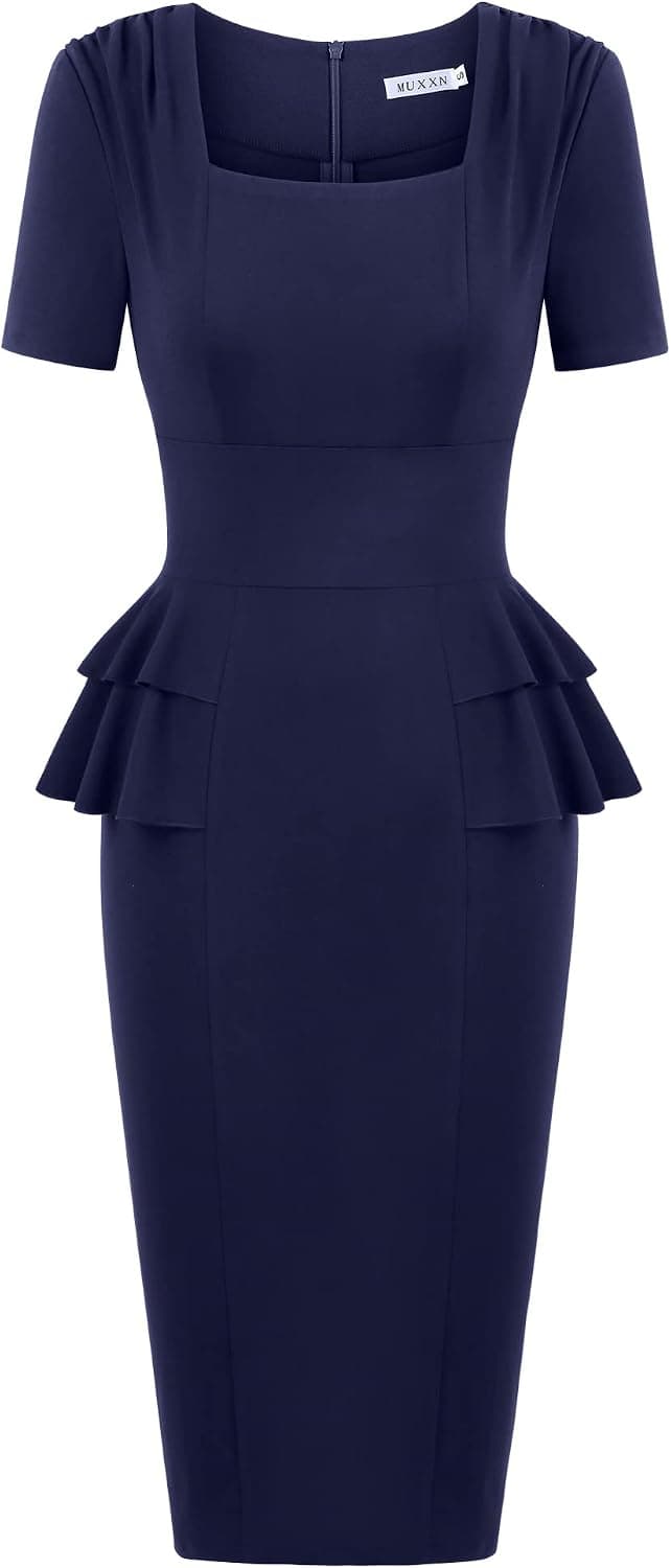 MUXXN Women's Vintage Short Sleeve Square Neck Peplum Business Work Bodycon Midi Pencil Dress