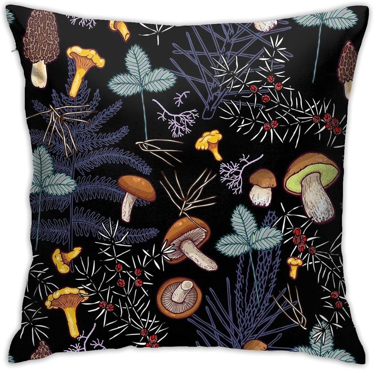 Nebra Dark Wild Forest Mushrooms Throw Pillow Covers Cozy Square Throw Pillow Case Home Decoration for Bed Couch Sofa Living Room Cushion Cover 18"X18"