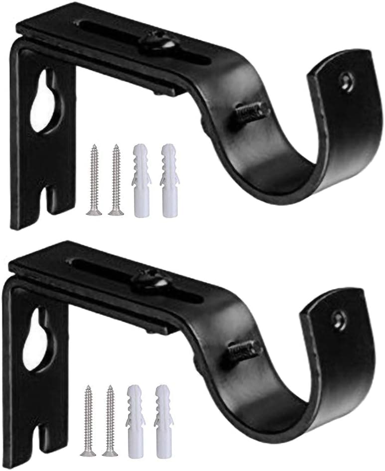 ZERIRA Adjustable Curtain Rod Brackets，Set of 2，Premium Steel Single Rod Bracket for Curtains, Curtain Rod Wall Bracket Hooks, Extendable Metal Wall Bracket (Black)
