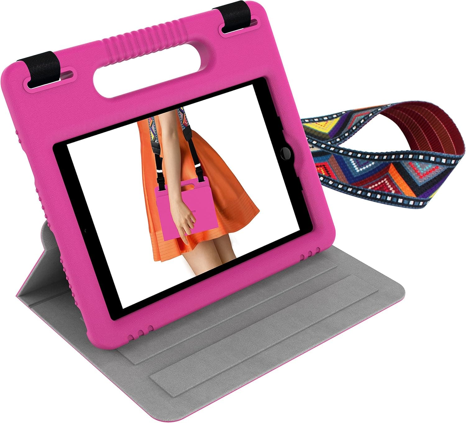 iPad Mini 1/2/3/4 Kids Case, Lovphone iPad Mini Case with Shockproof Protection and Shoulder Strap, Elegant Leather Cover with Kickstand for Kids and Adult, Top Grade Safe (Rosy)
