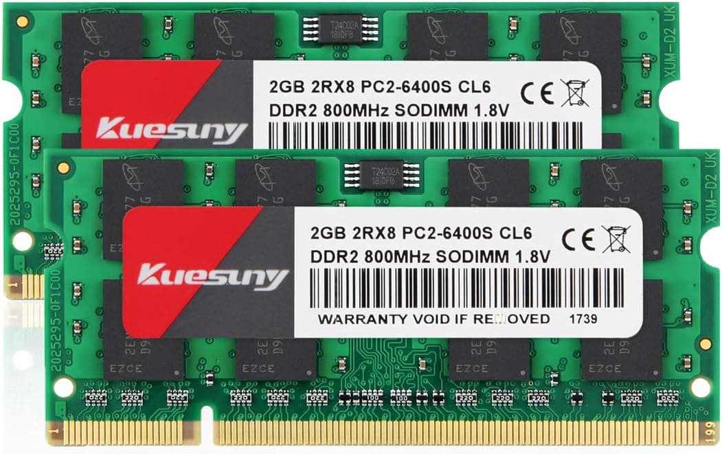 4GB Kit (2GBX2) DDR2 800 Sodimm RAM, Kuesuny PC2-6400/PC2-6400S 1.8V CL6 200 Pin Non-ECC Unbuffered Notebook Laptop Memory Modules