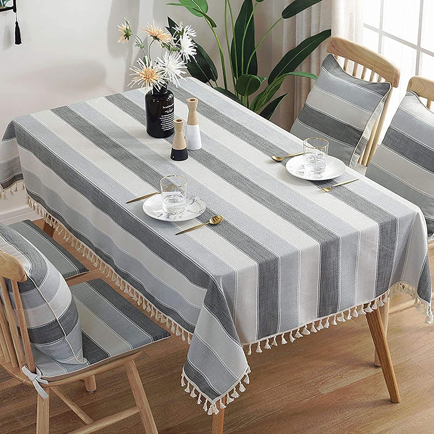Vedouci Square Stitching Tassel Tablecloth Heavy Weight Polyester Fabric Dust-Proof Table Cover for Kitchen Dining Table Top Decoration(Square,55''x55'',4 Seats, Gray)