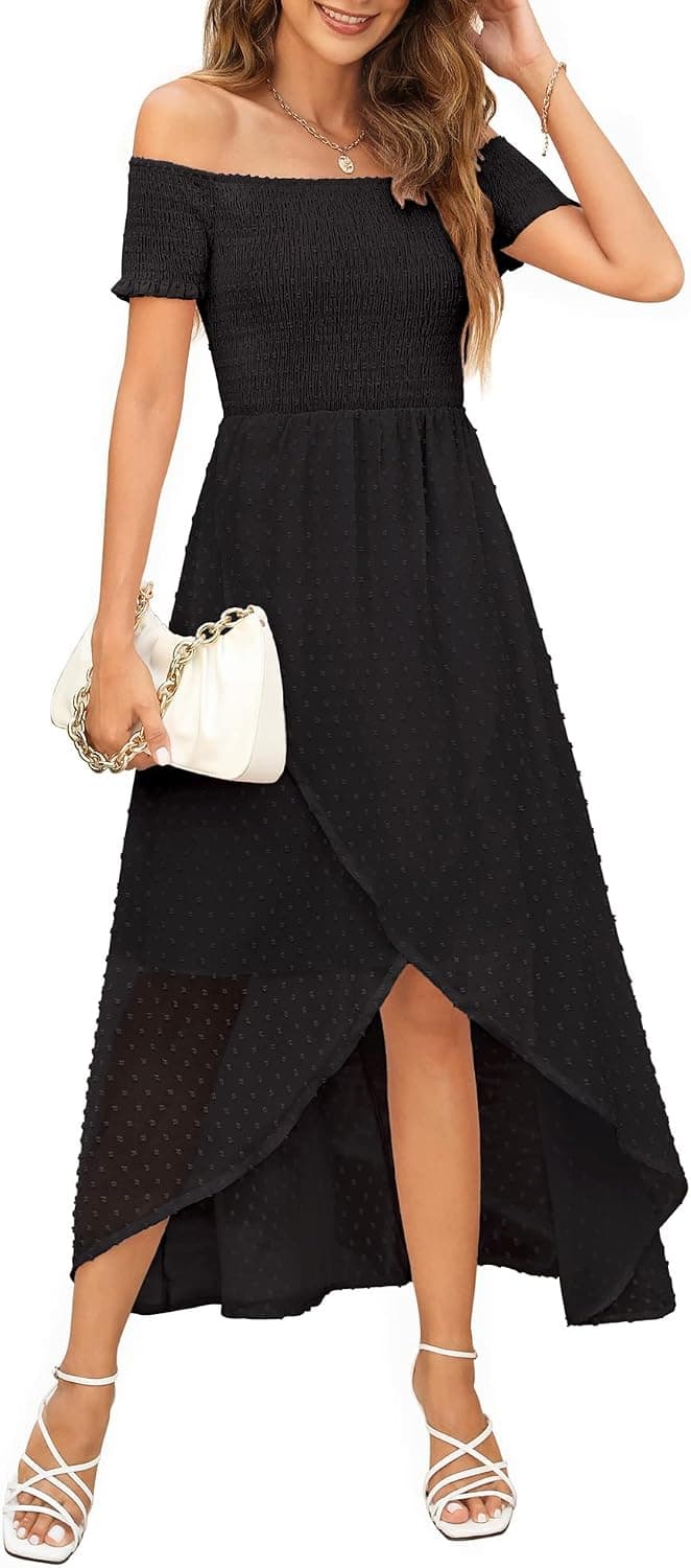 2023 Summer Off The Shoulder Dress for Women High Low Slit Smocked Short Sleeve Swiss Dot Casual Flowy Party Maxi Dress