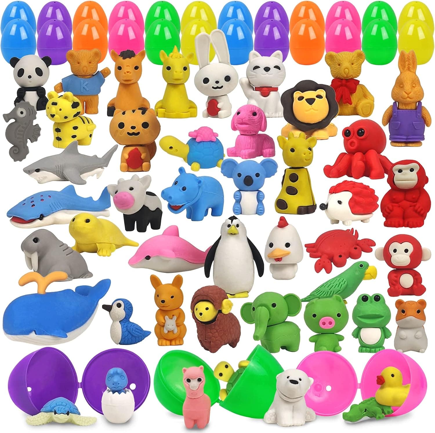 24 Pcs Easter Eggs Filled with 48 Pcs Mini Pencil Erasers, 3D Puzzle Animal Eraser Bulk, Take Apart Tiny Eraser Desk Pet for Kids Prizes School Rewards Party Favor Toys Easter Animal Puzzle Erasers
