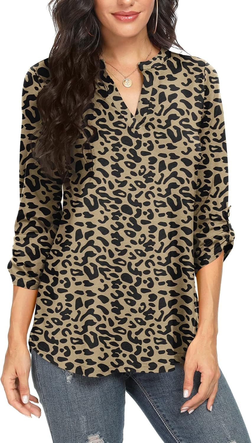 NILOUFO Womens Casual Summer Shirts Notch V Neck Blouses 3/4 Roll Sleeve Tops Tunics
