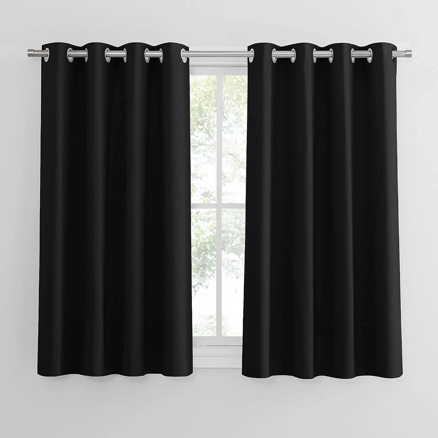 PONY DANCE Blackout Curtain Panels - Home Decor Ring Top Solid Room Darkening Window Treatments Heavy-Duty Draperies Energy Saving for Bedroom Kitchen Living Room, 52 x 54 Inches, Black, 2 PCs