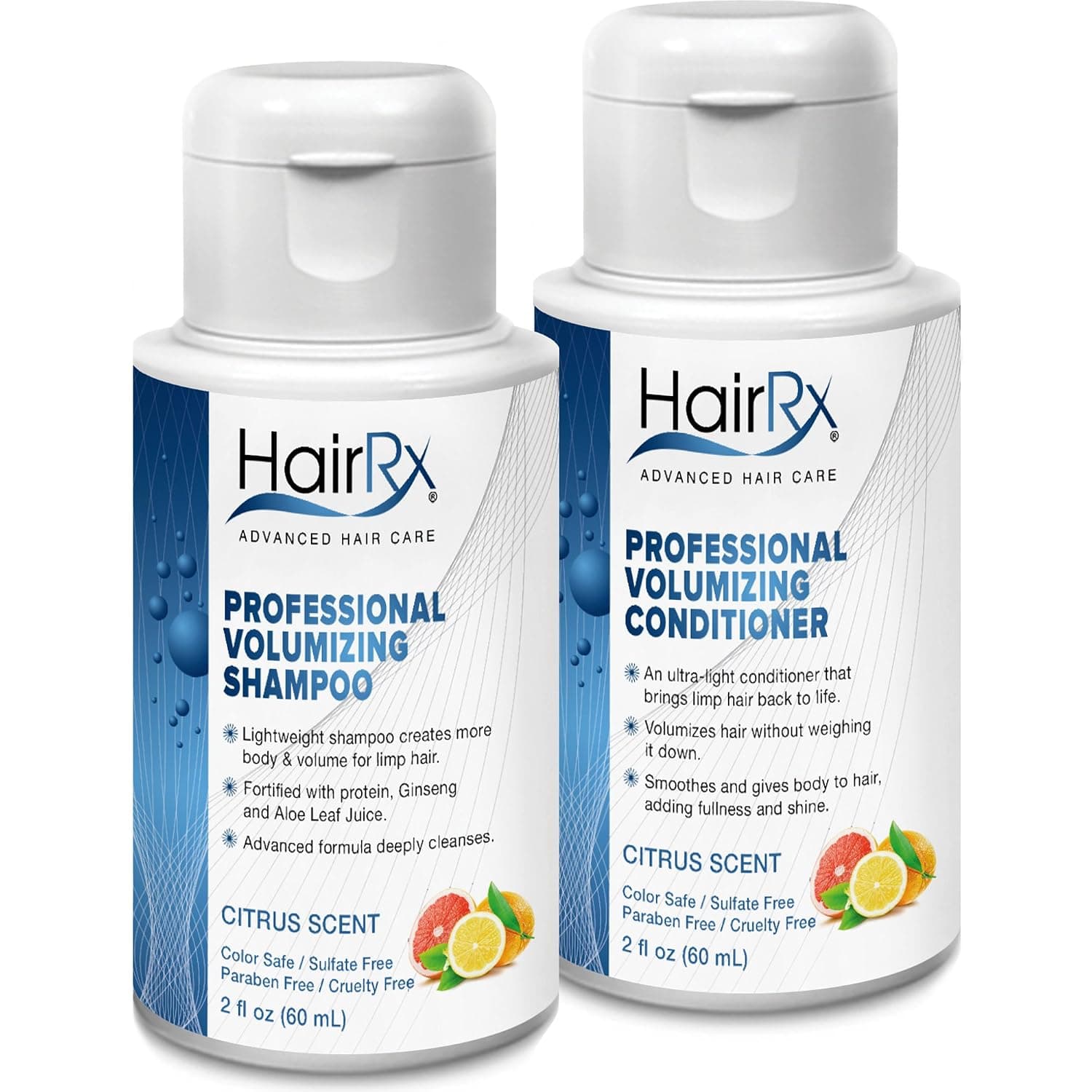 HairRx Professional Volumizing Shampoo & Conditioner Travel Set, Light Lather, Citrus Scent, 2 Ounce Bottles