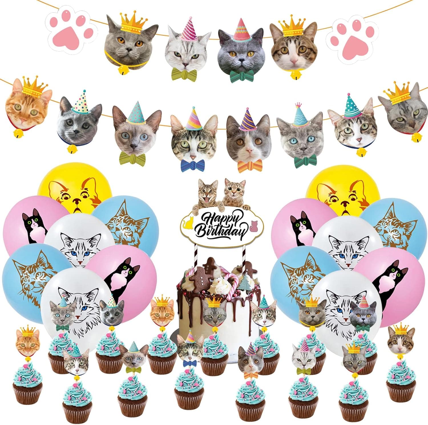 Kayi Cute Cat Birthday Party Supplies 46PCS Kawaii Meow Pet Decorations for Boys Girls Including Cats Face Banner 1PC, Kitten Cupcake Toppers 24PCS, Colorful Aesthetical Balloons 20PCS