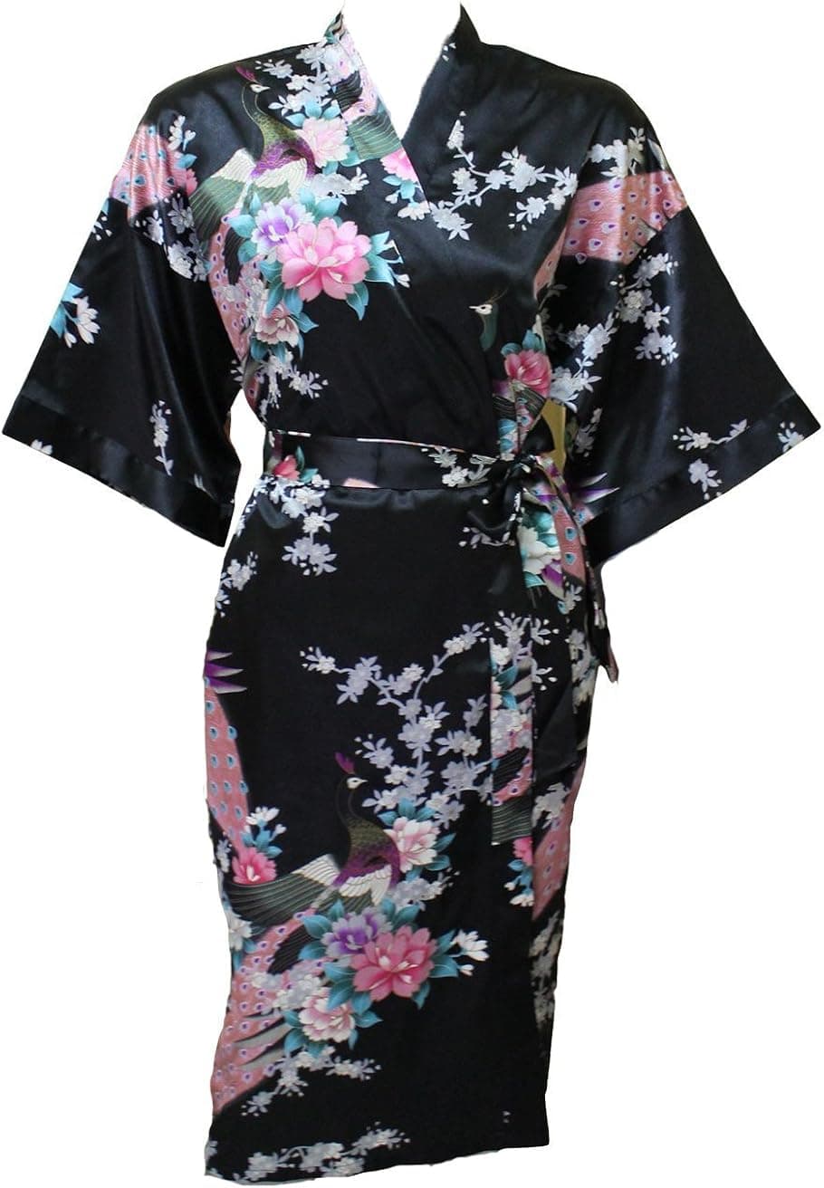 Artiwa Women's Kimono Style Satin Robe - Peacock & Blossom Design, Short