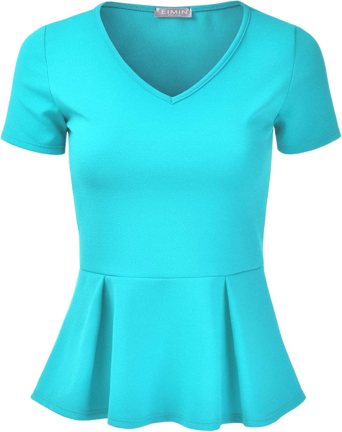 EIMIN Women's Short Sleeve V-Neck Stretchy Flare Peplum Blouse Top (S-3XL)