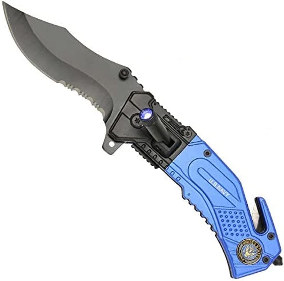 Rogue River Tactical 5-in-1 Multitool Pocket Rescue Combat Knife with Line Cutter, Belt Clip, LED Flashlight Light, Belt Cutter and Window Breaker USN United States Navy Multi Tool Spring Assisted ┬à