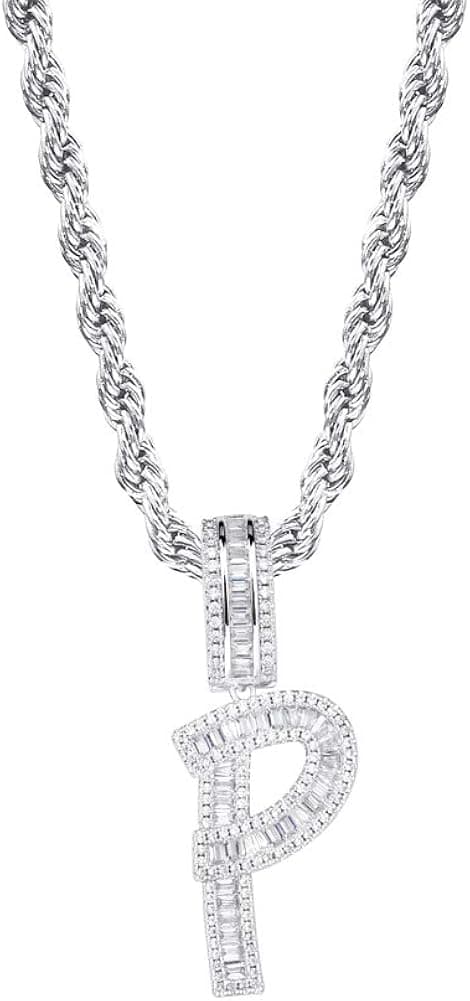 GUCY Baguette Initial Letter Necklace Women/Men Iced Out Initial Letter Pendant Necklace with 24" Rope Chain