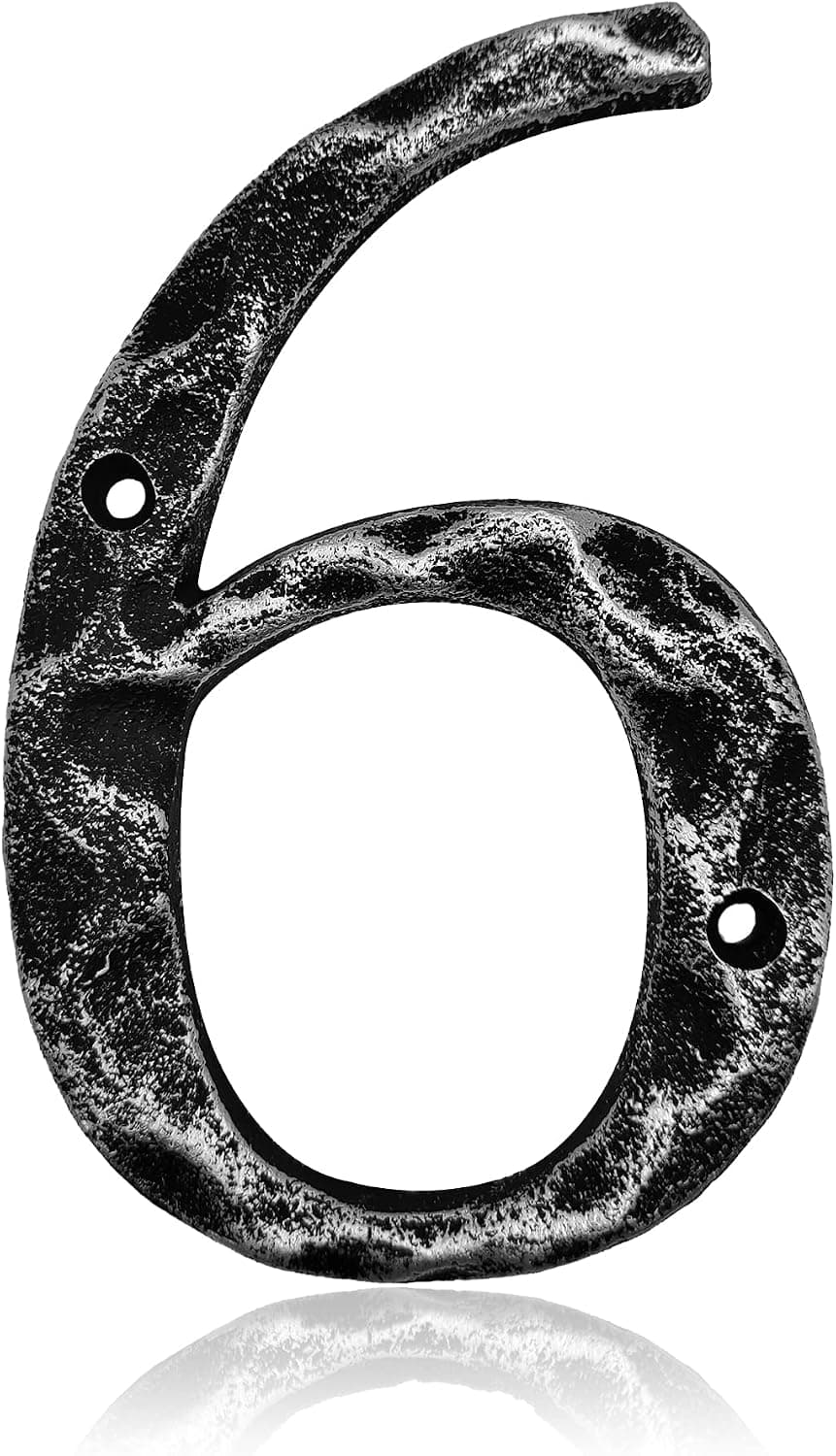 5.5 Inch House Numbers- Unique Cast Iron Metal Address / Mailbox Number for Outside or Front Door, Handmade Antique Silver Finish, Number 6
