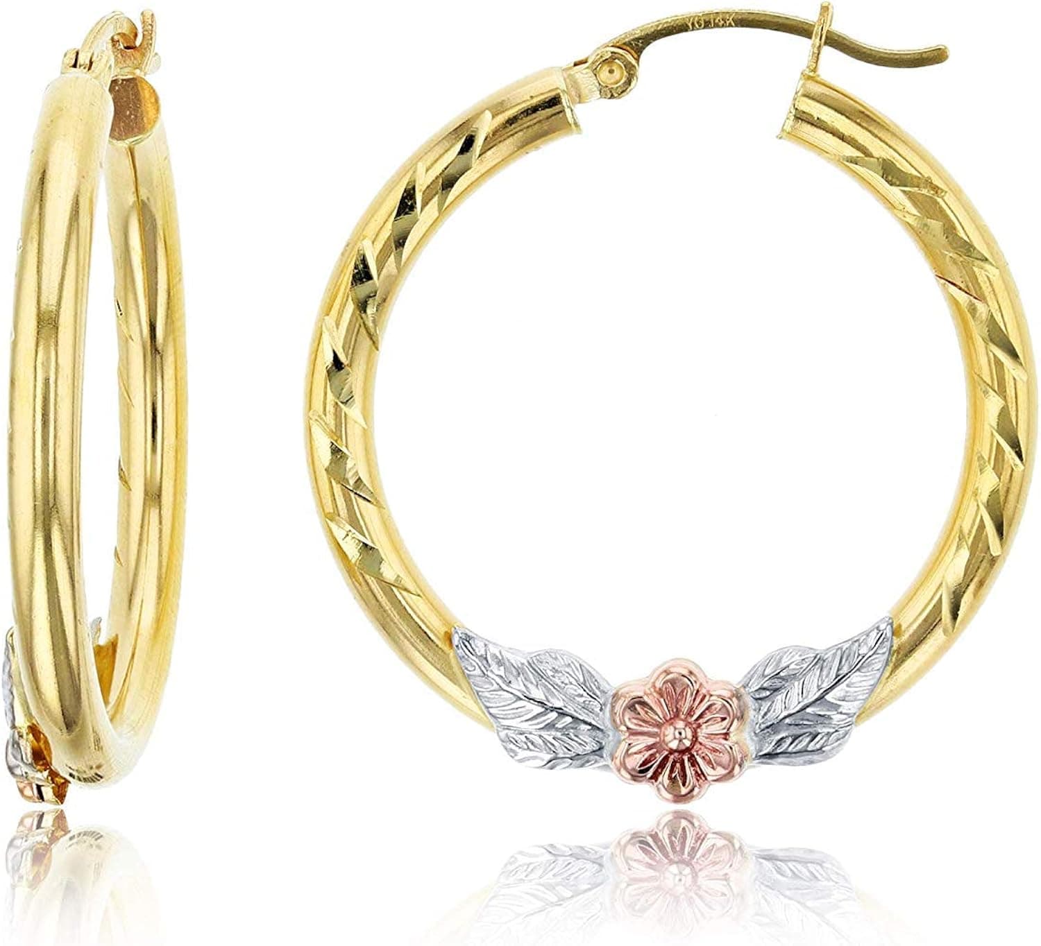 14K Tricolor Gold 3mm Thick Diamond Cut Flower, Virgin Mary, Lovebirds and Heart Hoop Earrings For Women and Girls Hoop | Earrings For Sensitive Ears | Tricolor Small Hoop Earrings, 25mm-30mm