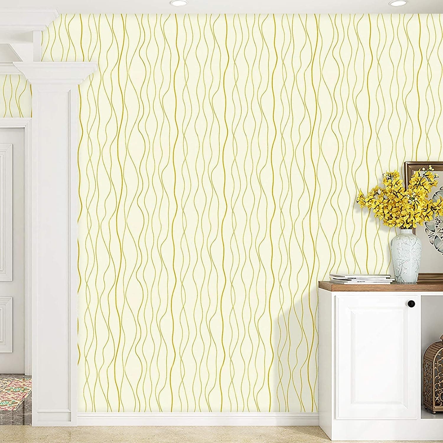 17.7"X 118" Gold and Beige Wallpaper Wave Stripe Contact Paper Beige Peel and Stick Wallpaper Modern Self-Adhesive Paper Waterproof and Removable Vinyl Paper for Shelf Drawer Liner Wall Covering