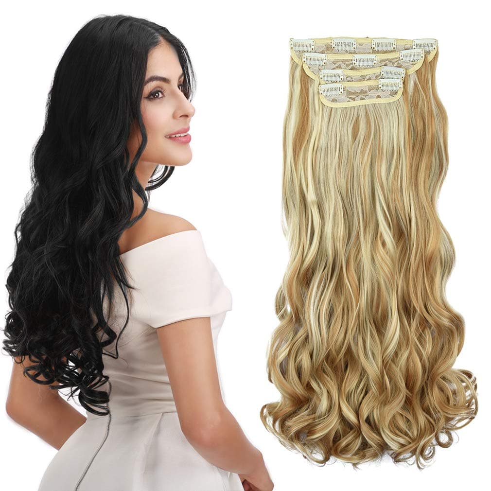 REECHO 24" Curly Wavy 4 Pieces Blonde Mixed Clip in on Hair Extensions 25H613