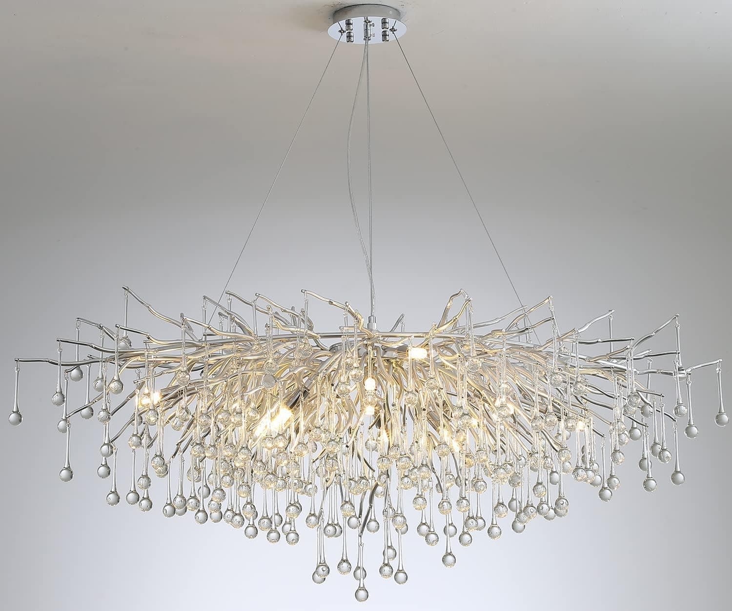 45'' Raindrop Crystal staircase Chandeliers High Ceiling Silver Modern Pendant Lamps Grand Foyer Entrance Crystal Chandelier Living room Decor Chandeliers Long Dining Table Pendant lighting Fixtures