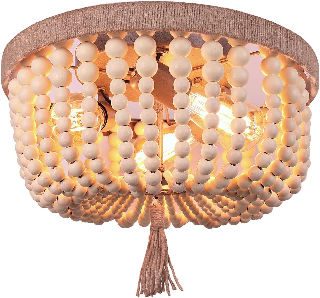 FIRVRE Hemp Rope White Wooden Beaded Ceiling Light, Boho 3 Lights Flush Mount Chandelier Fixture, for Bedroom Living Room Bathroom Kitchen Island Dining Room Entryway Porch Hallway Staircase