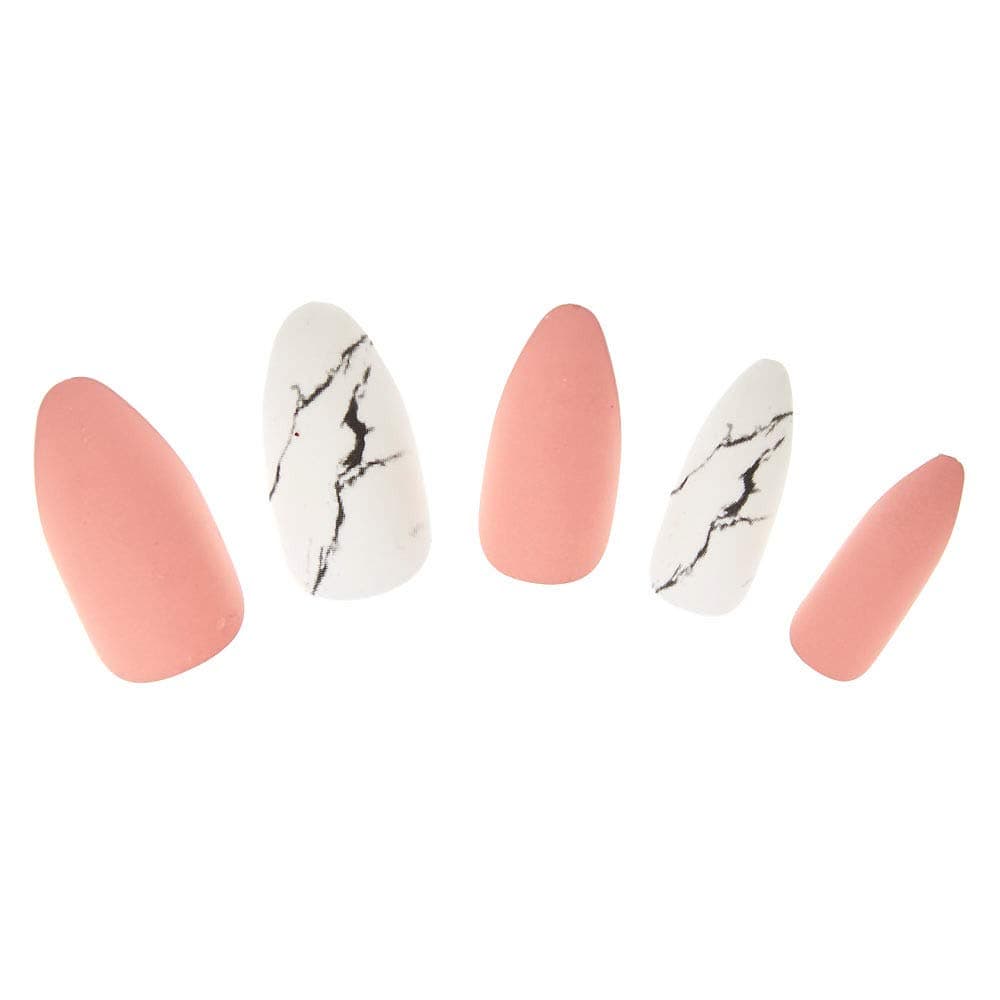 Claire's Blush & White Marble Stiletto Faux Nail Set - 24 Pack