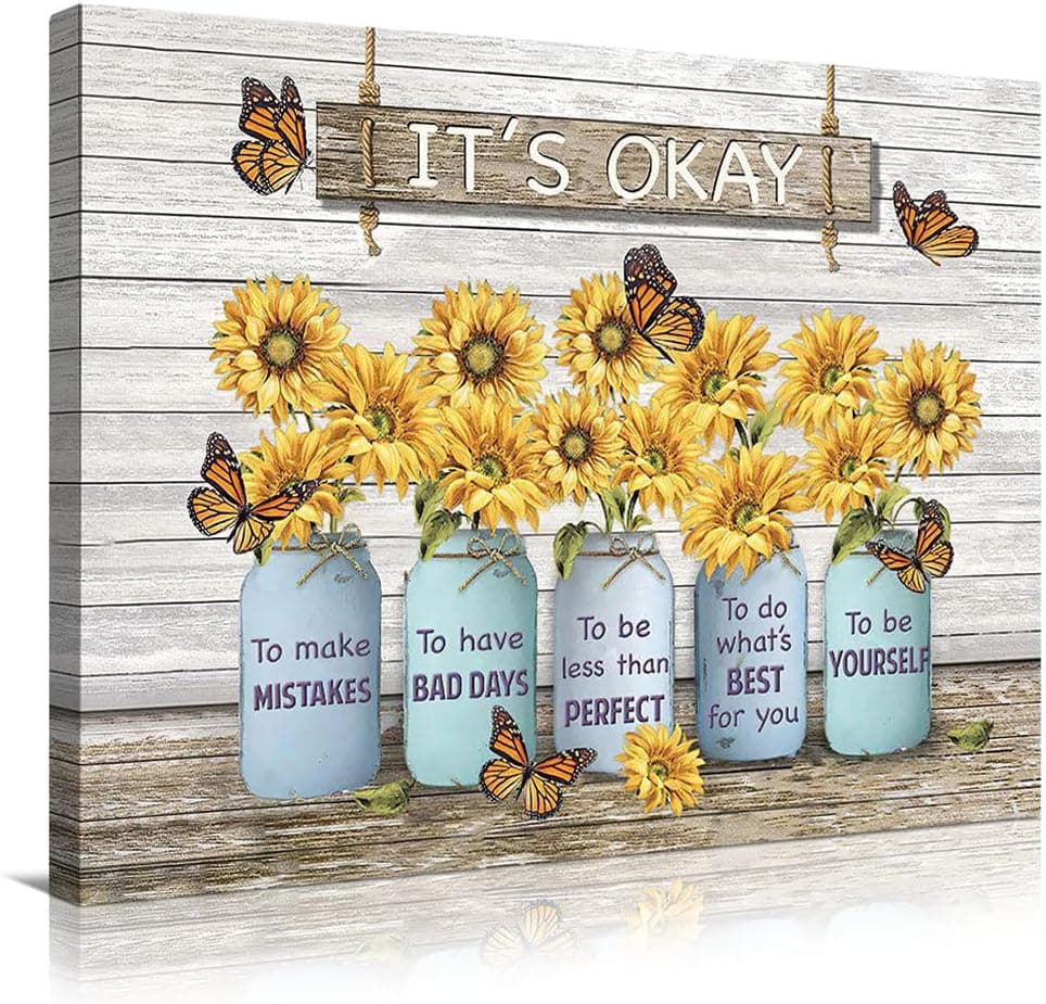 WALLOHERE Sunflower Canvas Wall Art Rustic It Okay Inspirational Quotes Print Decor Farmhouse Butterfly Painting Picture Artwork Home Decoration For Kitchen Bedroom Living Room Framed 16 * 20 Inch