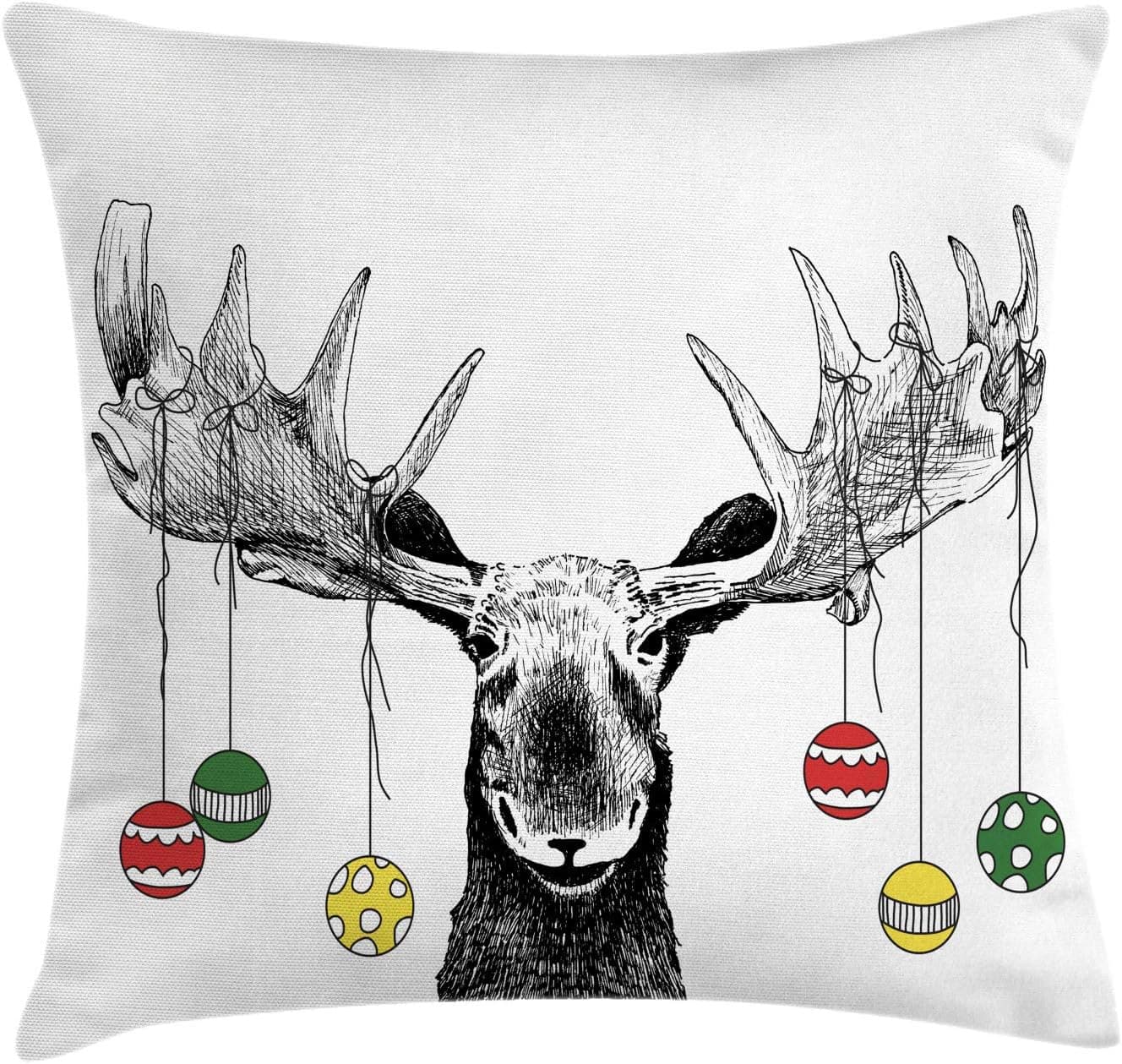 Ambesonne Moose Throw Pillow Cushion Cover, Christmas Moose with Xmas Ornaments Balls Hanging from Horns Funny Noel Sketch Art, Decorative Square Accent Pillow Case, 18" X 18", White Charcoal