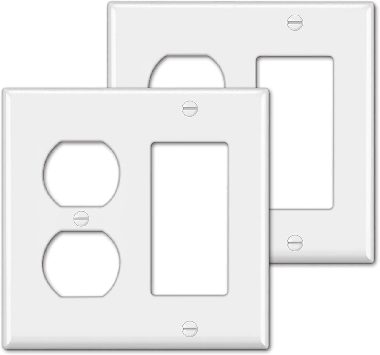 [2 Pack] BESTTEN 2-Gang Combination Light Switch Wall Plate, 1-Duplex/1-Decor, Standard Size, Unbreakable Polycarbonate Receptacle Outlet Cover, UL Listed, White