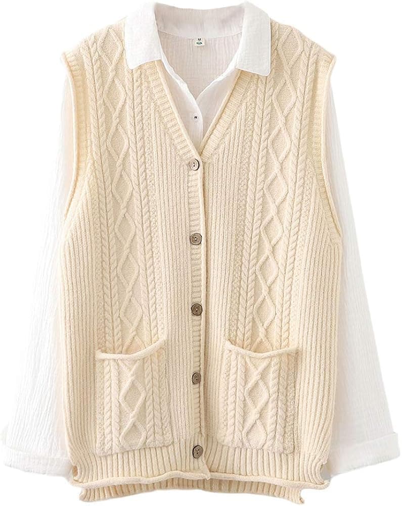FTCayanz Women's Sweater Vest Button Down Cable Knit Cardigan Outwear