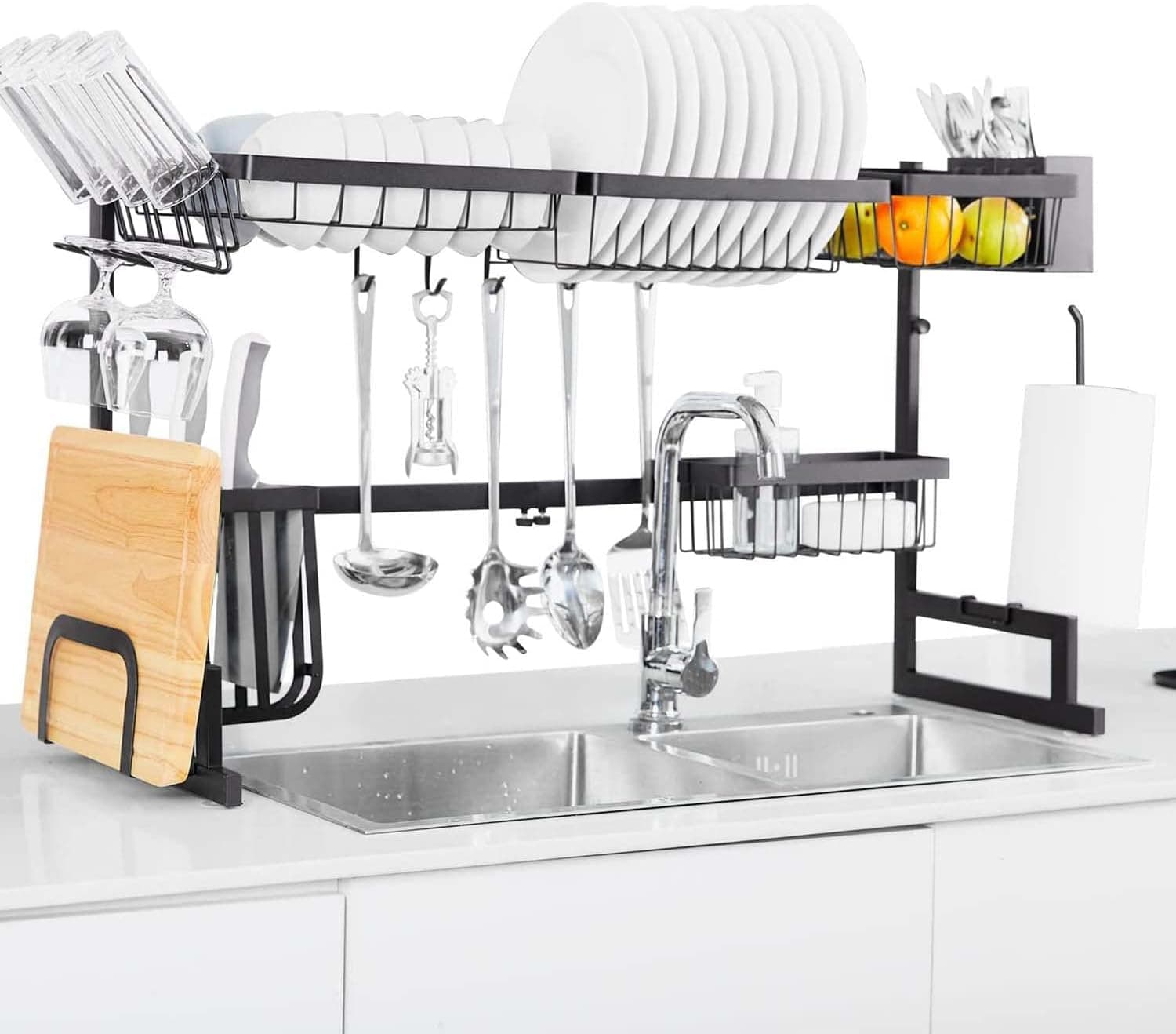 Befano Over The Sink Dish Drying Rack Adjustable (33.5-42.5" Inch), 2 Tier Large Stainless Steel Dish Drainer for Countertop, Kitchen Storage Organizer with 5 Utility Hooks and Paper Holder -Black