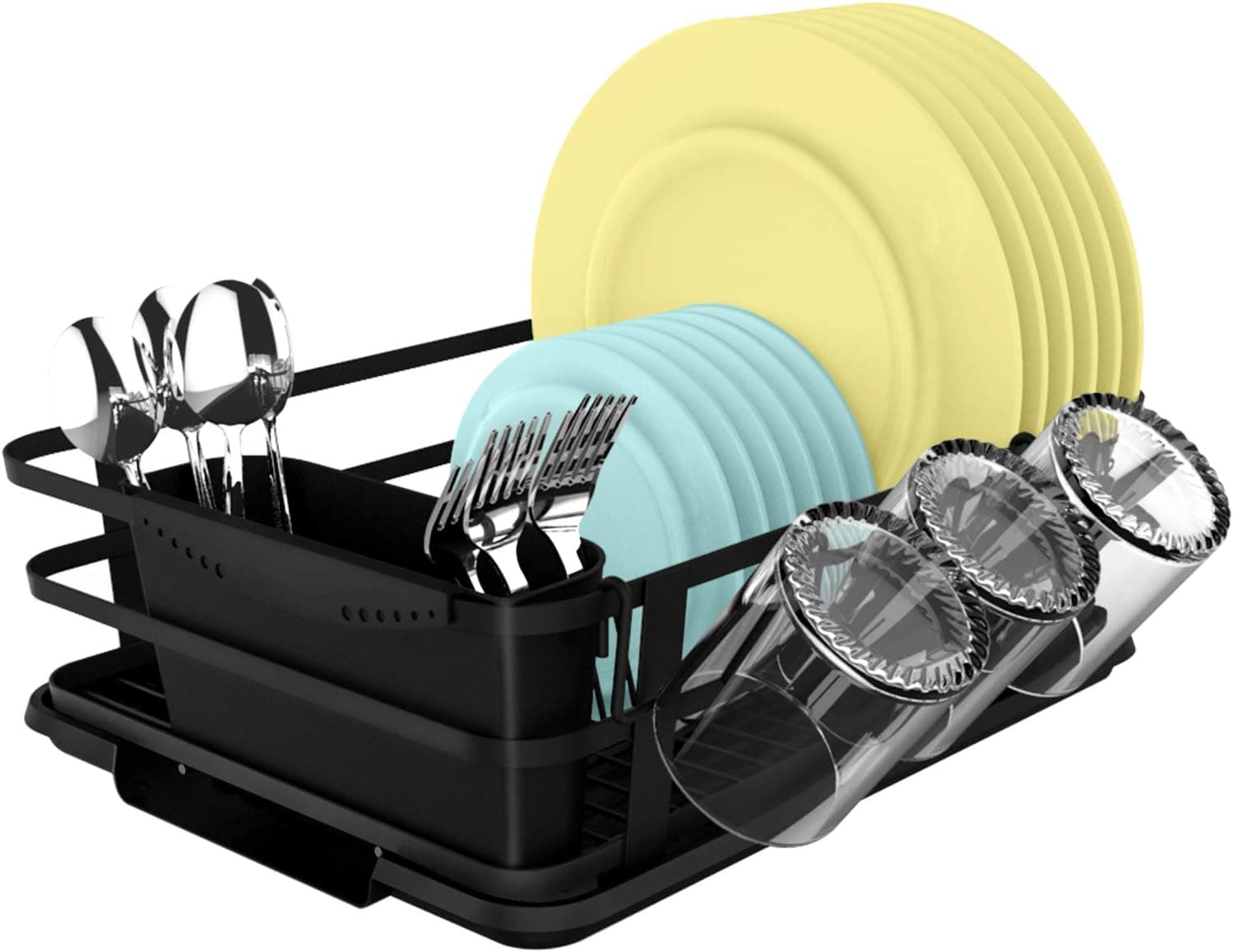 TreeLen Dish Drainers for Kitchen Counter with Drainboard Set Black Dishes Drying Rack Dish Sink Strainers with Removable Utensil Cup Holder-Black-14.6x11.8”